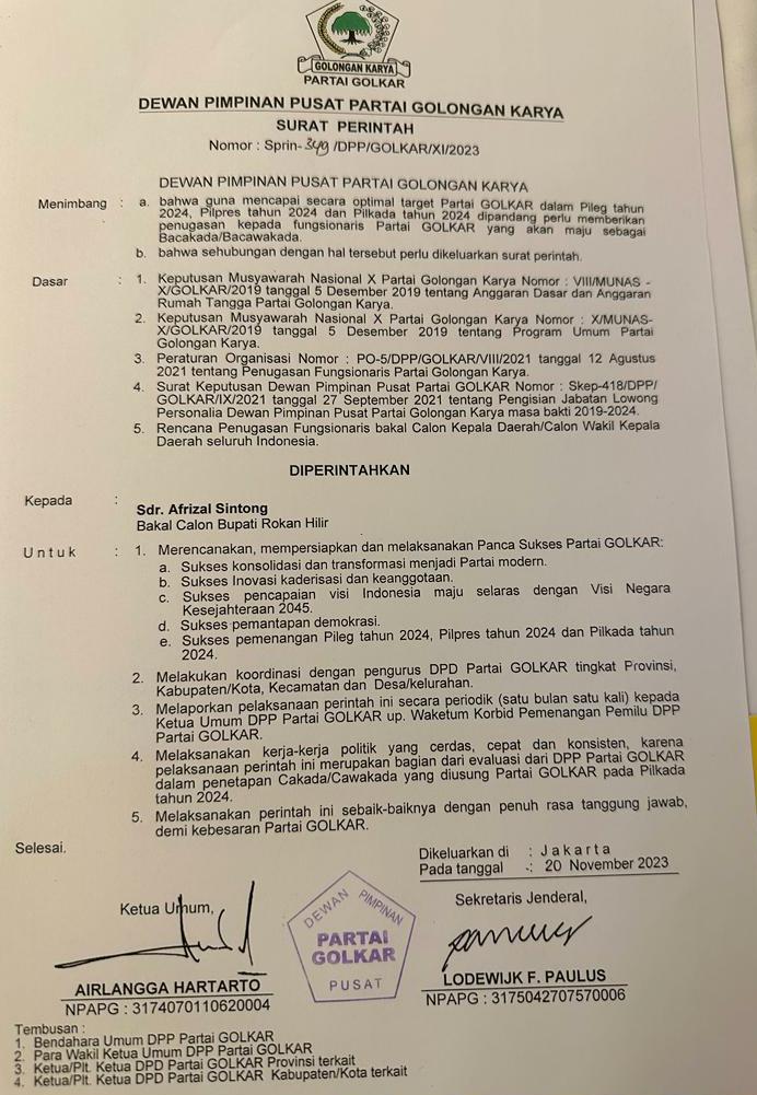 Surat Perintah DPP Golkar Tunjuk Afrizal Sintong Sebagai Calon Bupati Rohil 2024, Siap Menangkan Pemilu