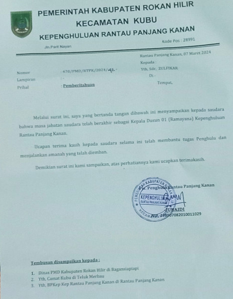 Pjs Penghulu Rantau Panjang Kanan Kubu Nonaktifkan Kadus dan Ketua RT
