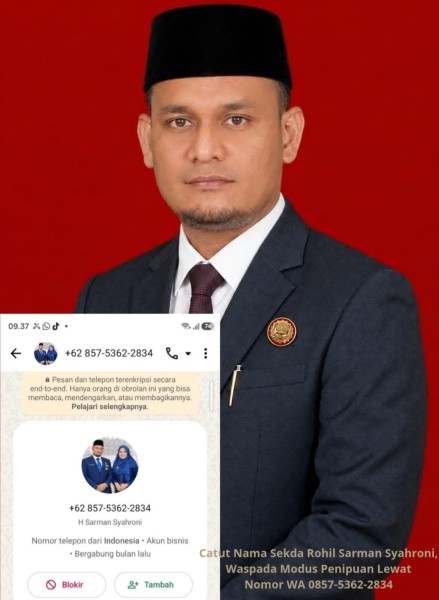 Waspada! Nama Sekda Rohil Sarman Syahroni Dicatut dalam Modus Penipuan, Ini Nomor WA-nya