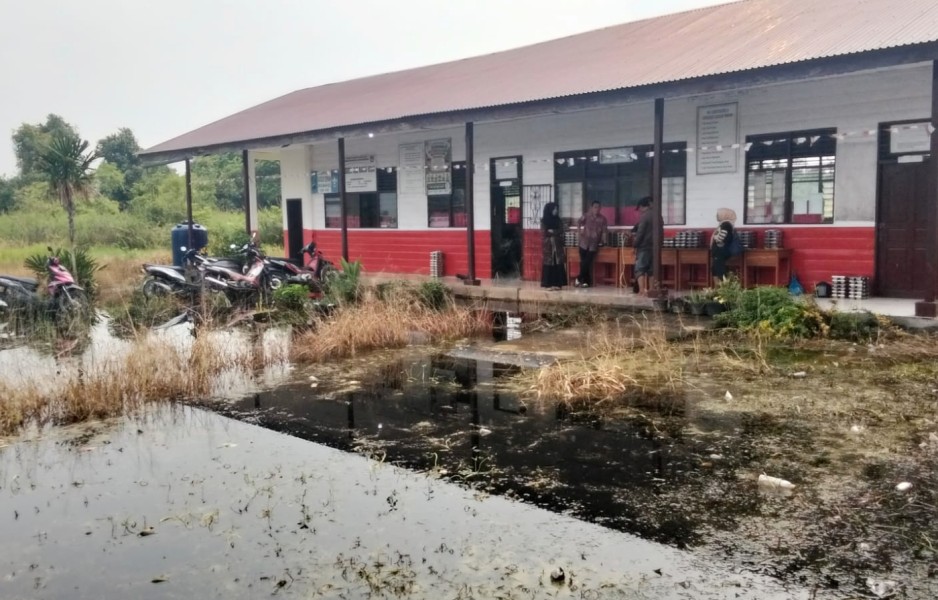Banjir Rendam Halaman SDN 025 Bagan Hulu, Buaya Muncul di Lingkungan Sekolah